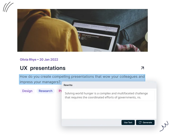 content_creation tool_interface_with_a_rewrite_example_and_options_to_use_or_generate_text_for_UX_presentations