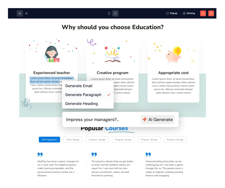 educational_landing_page_editor_with_AI_options_to_generate_email_paragraph_or_heading_content_for_various_sections