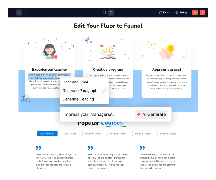 landing_page_editor_showcasing_features_like_experienced_teachers_creative_programs_and_appropriate_costs_withAI_content_generation